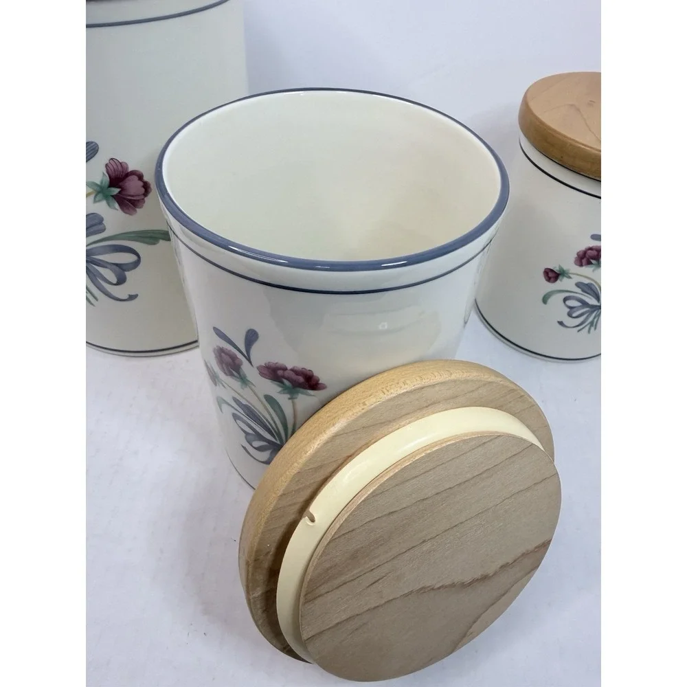 Set Of 3‎ Lenox 'Poppies on Blue' Canisters Wood Lids Made In USA Vintage